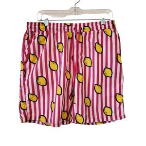 Mr Swim Mens Lemon Striped Print Swim Trunks Size XXL Pink Yellow
